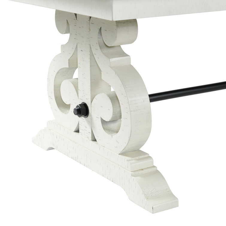 White Distressed Wood Extendable Dining Table with Scroll Trestle