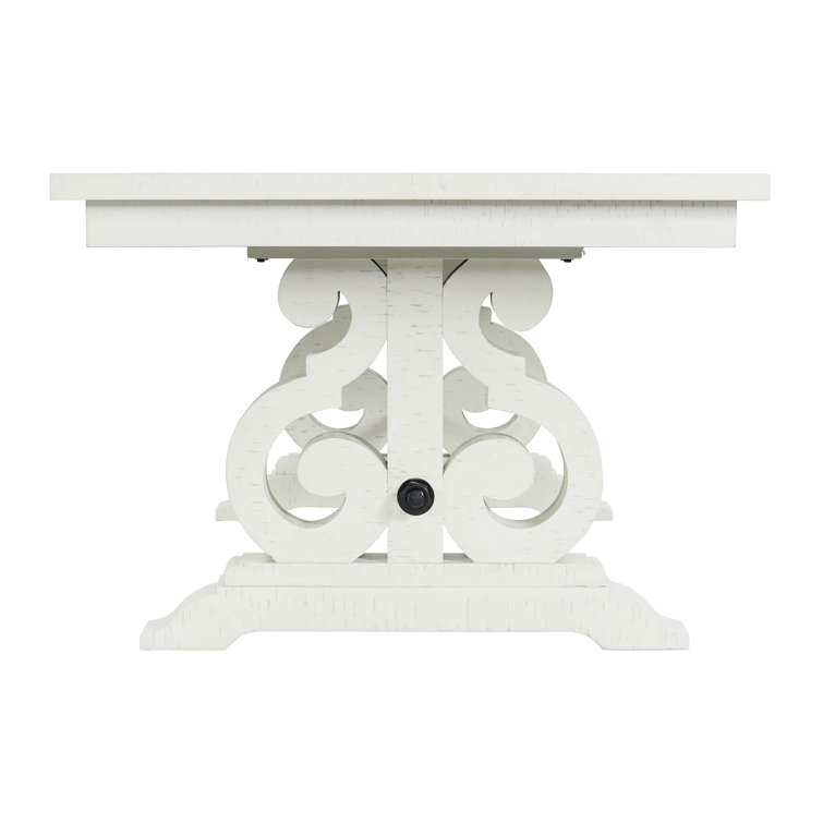White Distressed Wood Extendable Dining Table with Scroll Trestle