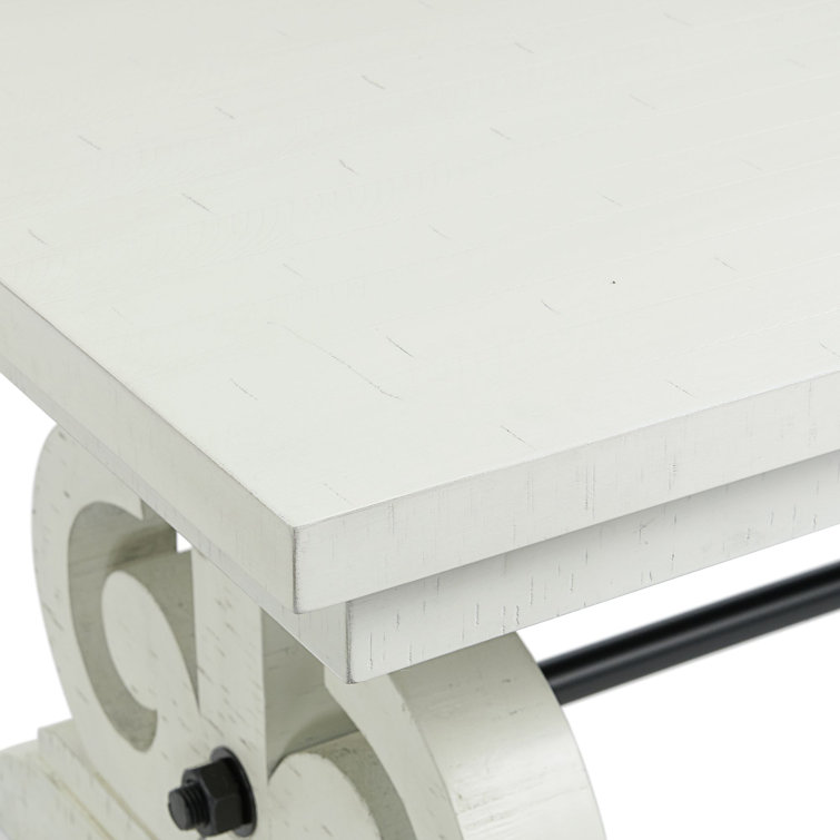 White Distressed Wood Extendable Dining Table with Scroll Trestle