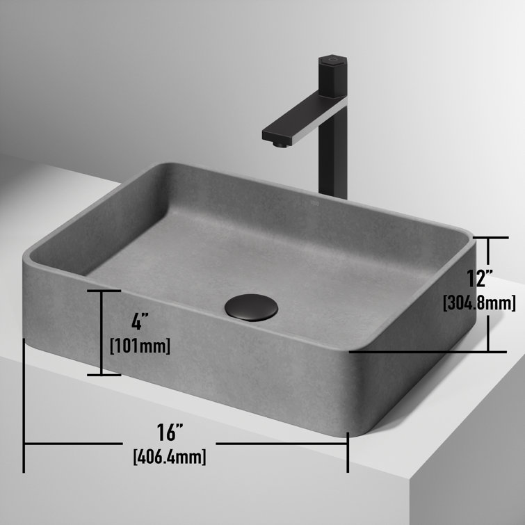 Gray Concrete Rectangular Vessel Bathroom Sink, 16" x 12"