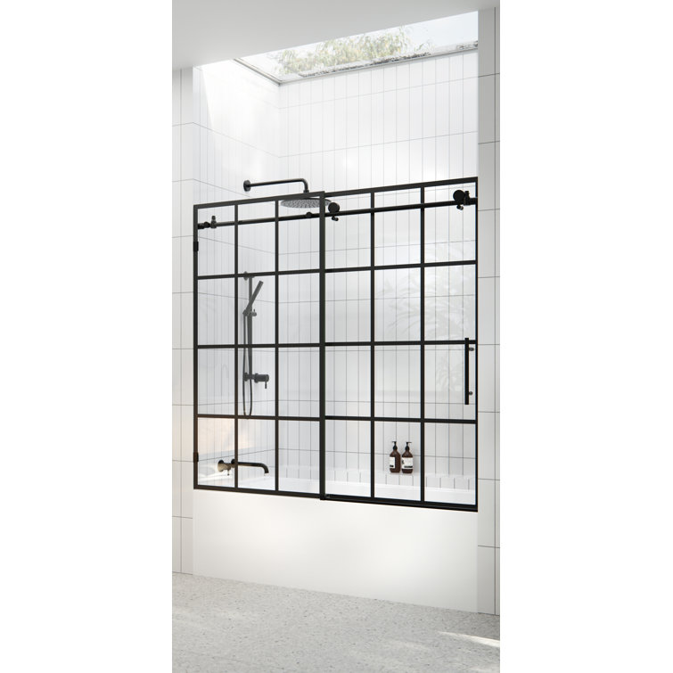Esprit Matte Black Frameless Sliding Bathtub Door with Brass Hardware