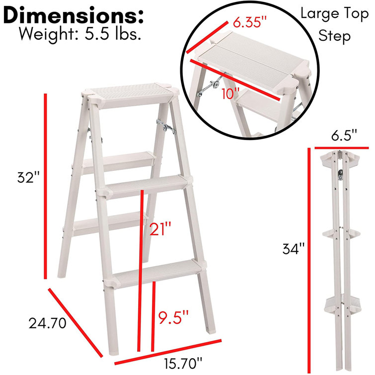 Compact Silver Steel Folding Step Ladder with Anti-Slip Treads