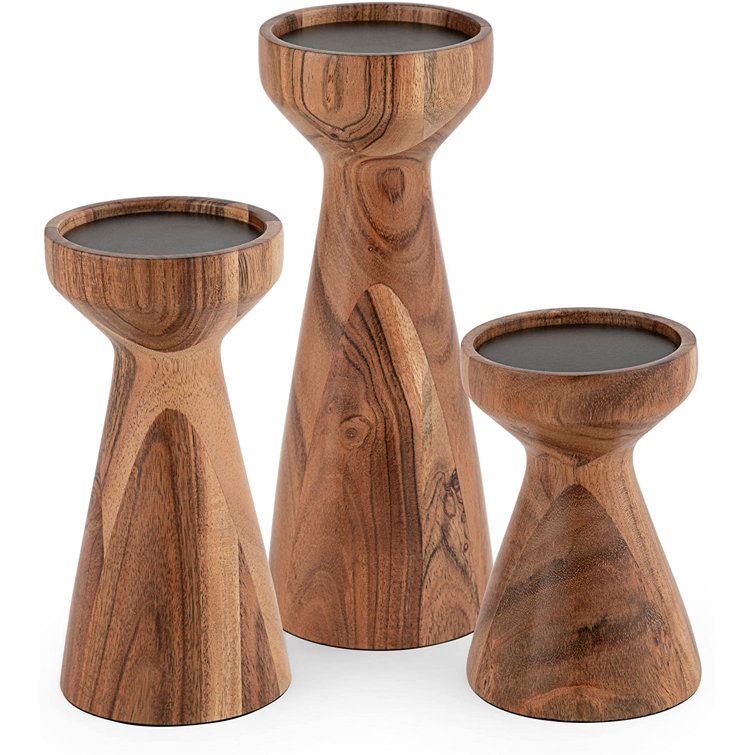 Large Black Mango Wood Flare Candle Holder Set