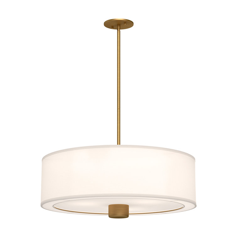 Theo 24" Matte Black and Aged Gold Drum Pendant with White Linen Shade