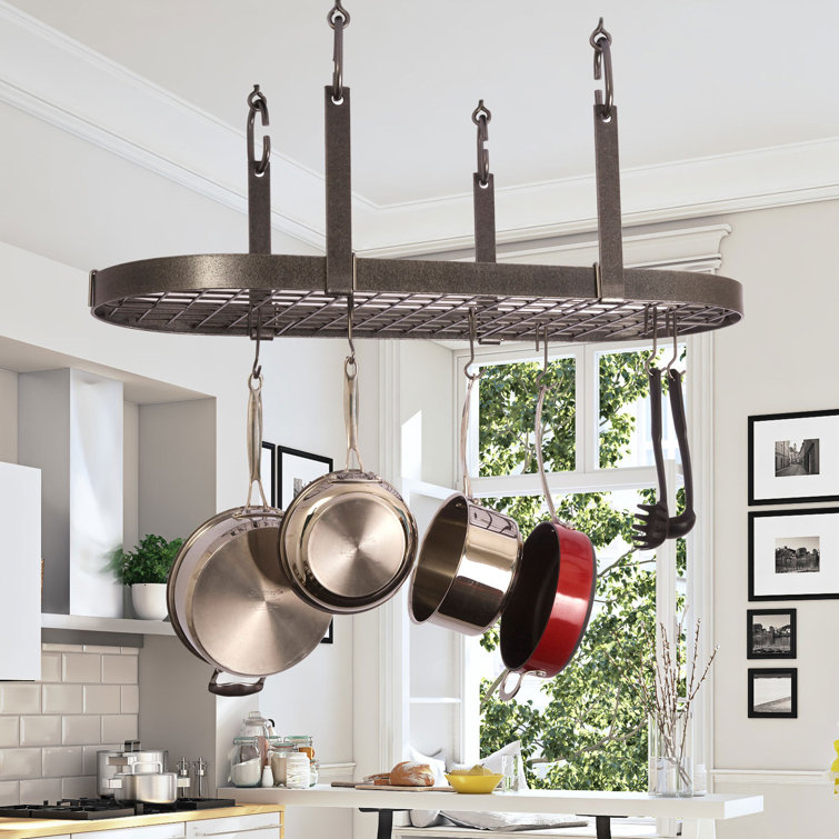 Hammered Steel Oval Ceiling Pot Rack with Hooks