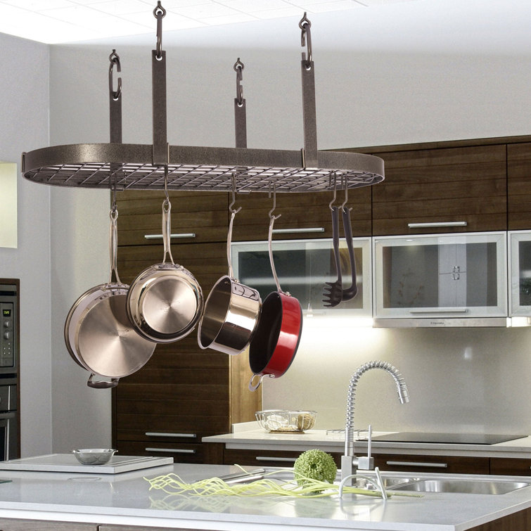 Hammered Steel Oval Ceiling Pot Rack with Hooks