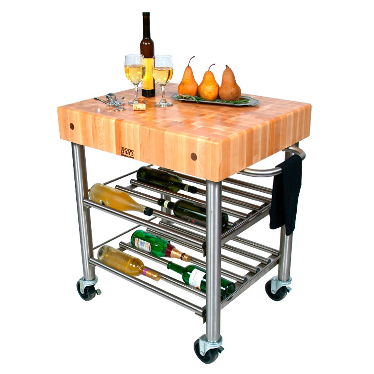 Cucina Elegante Stainless Steel Wood Butcher Block Kitchen Cart with Wine Rack