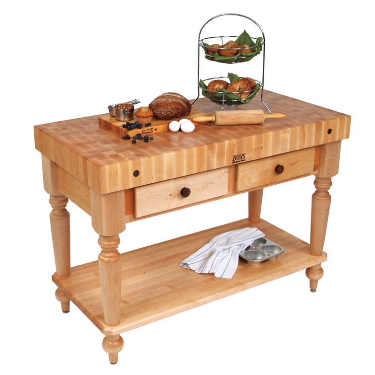 Maple Butcher Block Kitchen Island with Shelf and Drawers