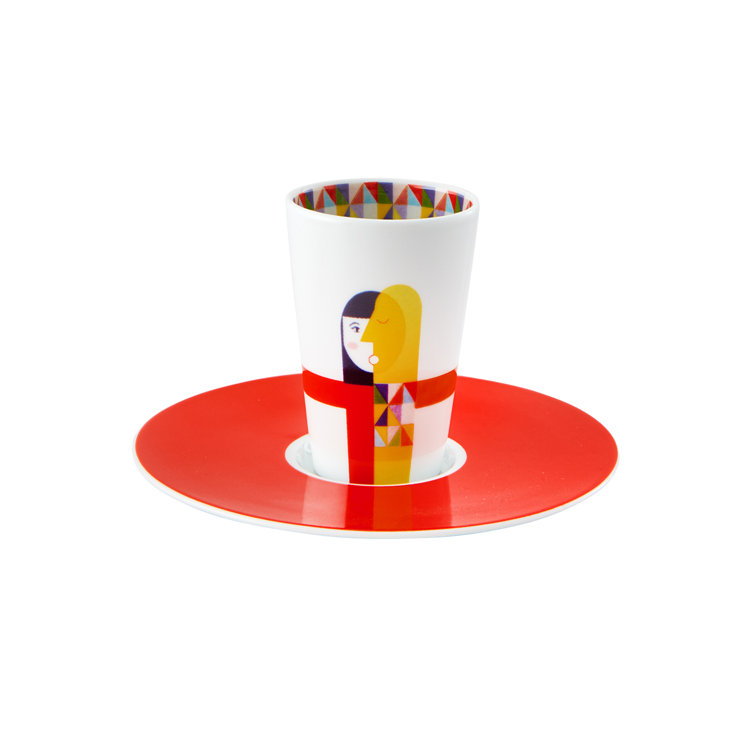 Contemporary Red and White Ceramic Coffee Cup with Saucer
