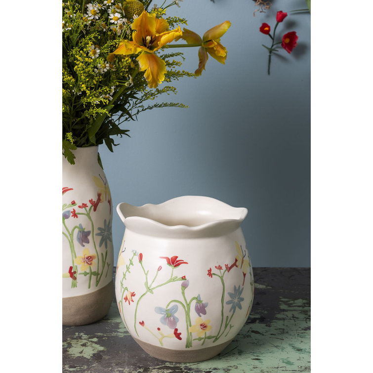 Large Creamy Ceramic Planter with Floral Design