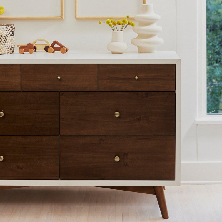 Warm White and Natural Walnut Mid-Century Double Dresser with Tapered Legs