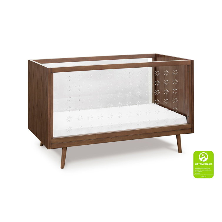Walnut and Clear Acrylic Mid-Century Modern Convertible Crib