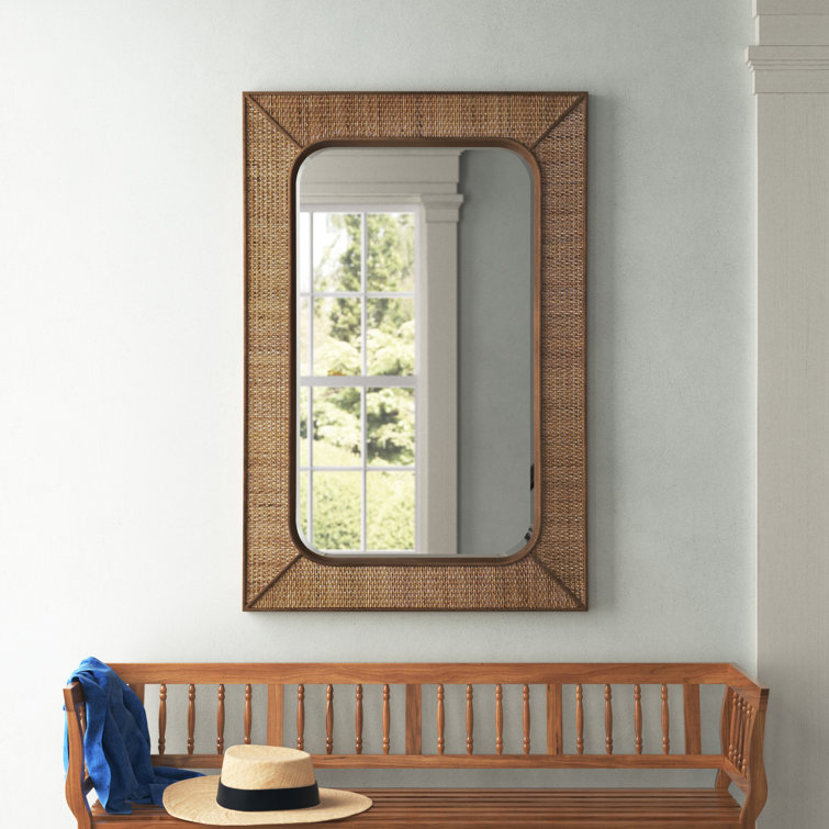 Brown Wood and Rattan Beveled Wall Mirror
