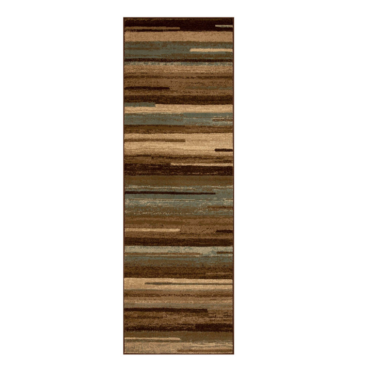 Taupe and Brown Striped Synthetic Runner Rug, 2'7"x8'