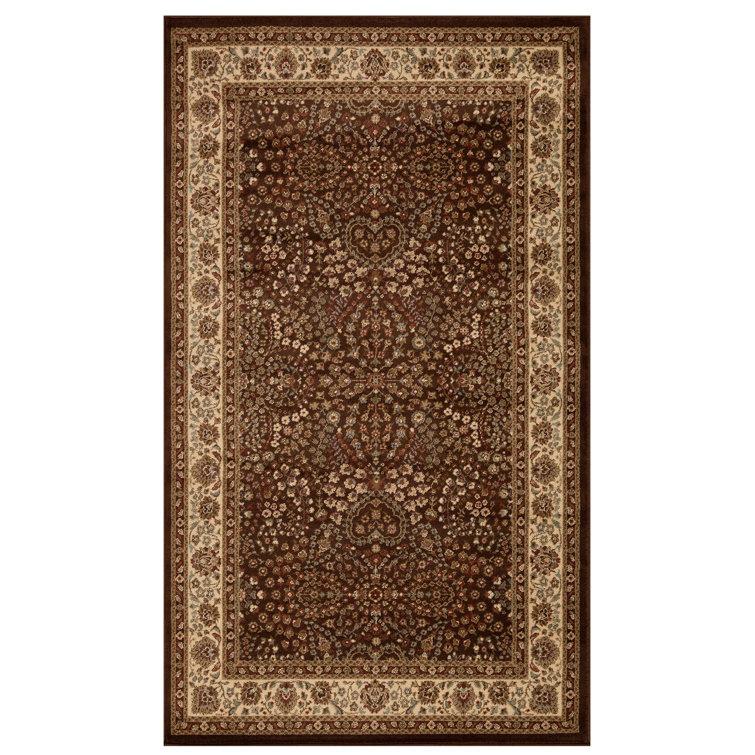 Mocha Floral Scroll Synthetic 4'x6' Stain-Resistant Area Rug