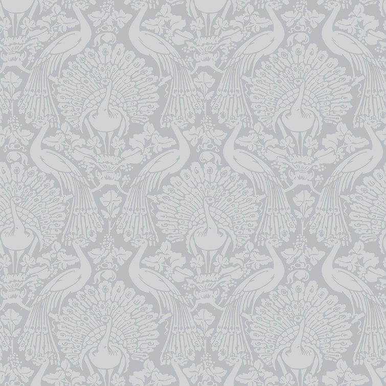 Pale Slate Damask Peacock Removable Washable Wallpaper