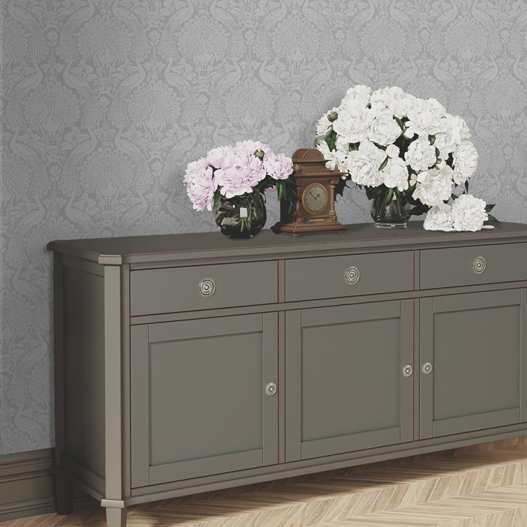 Pale Slate Damask Peacock Removable Washable Wallpaper