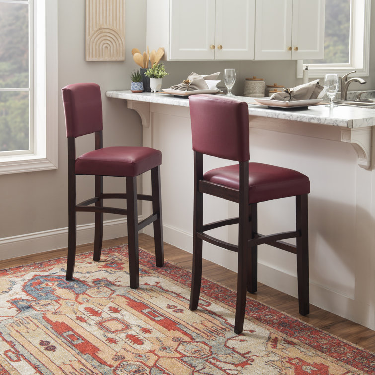 Espresso Wood Bar Stool with Red Faux Leather Upholstery