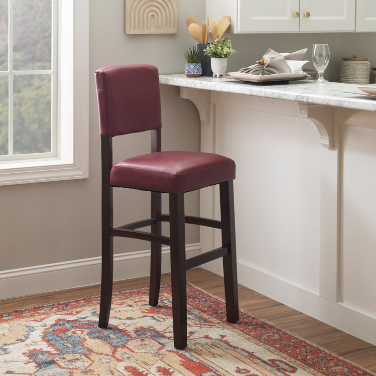 Espresso Wood Bar Stool with Red Faux Leather Upholstery