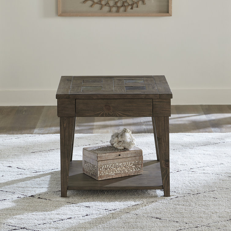 Rustic Brown Wood and Stone Rectangular Side Table