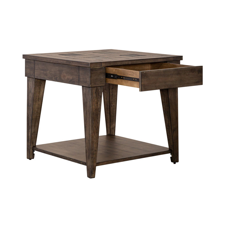 Rustic Brown Wood and Stone Rectangular Side Table