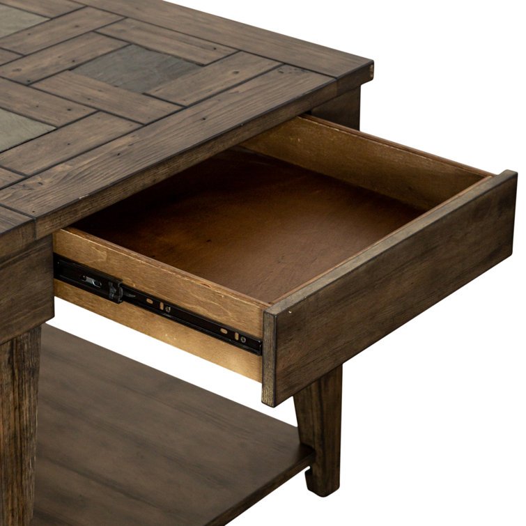 Rustic Brown Wood and Stone Rectangular Side Table