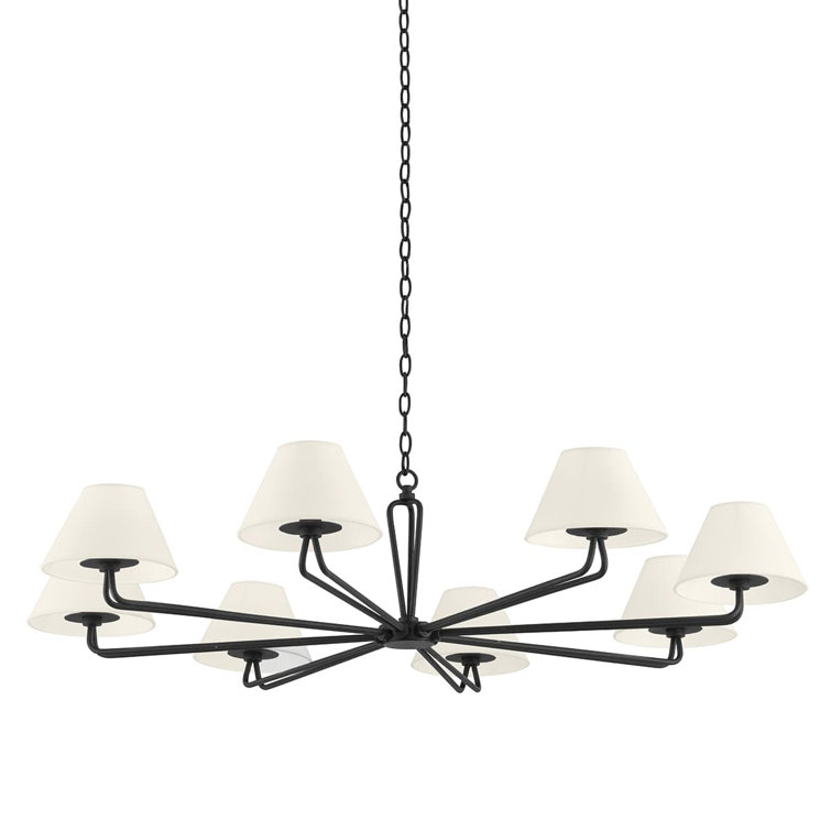 Black Iron 8-Light Chandelier with White Linen Shades