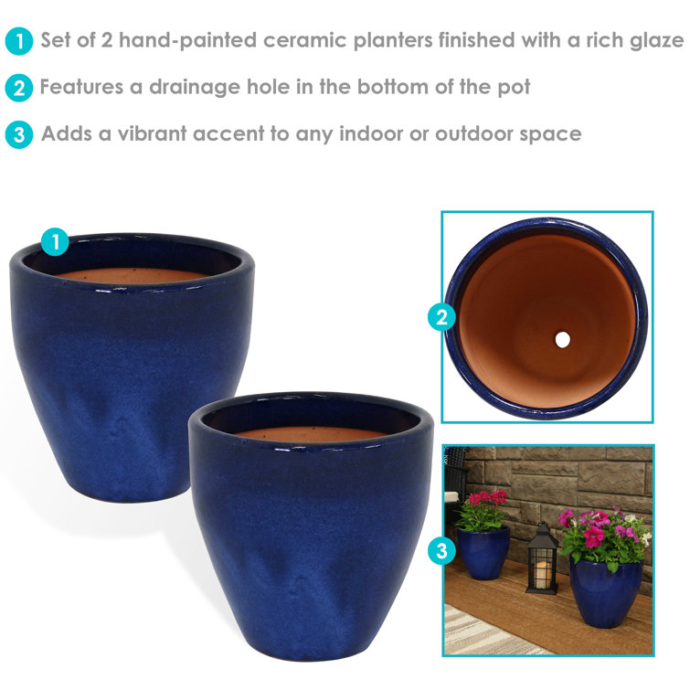 Imperial Blue Medium Ceramic Indoor/Outdoor Planter Set with Drainage Holes