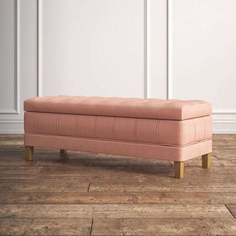 Blush Velvet Tufted Storage Bench with Rubberwood Legs