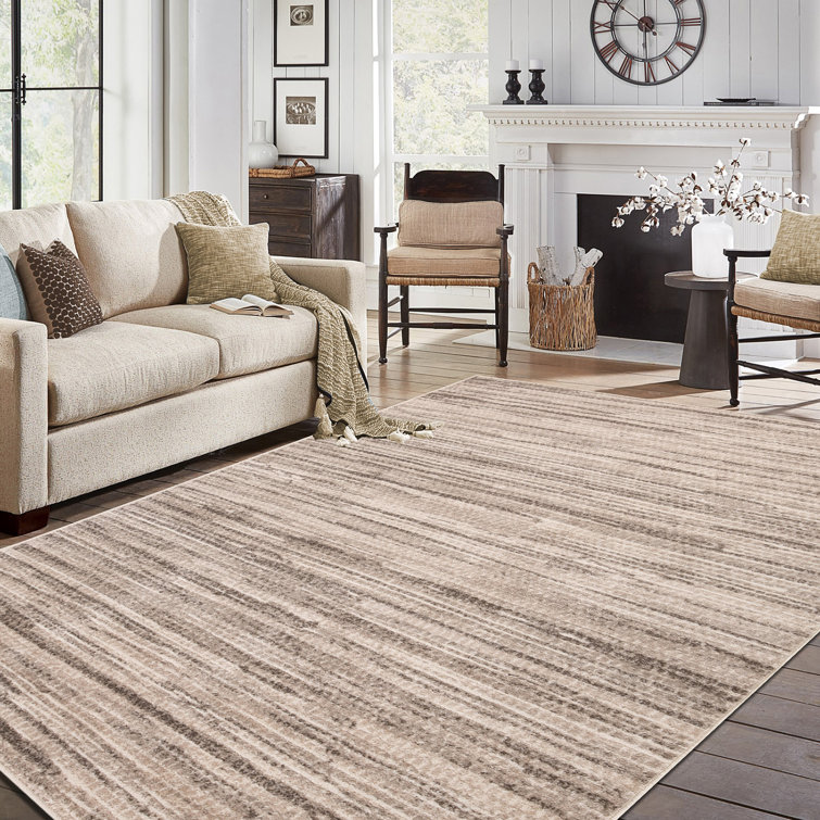 Gray and White Striped Synthetic 7'x9' Area Rug