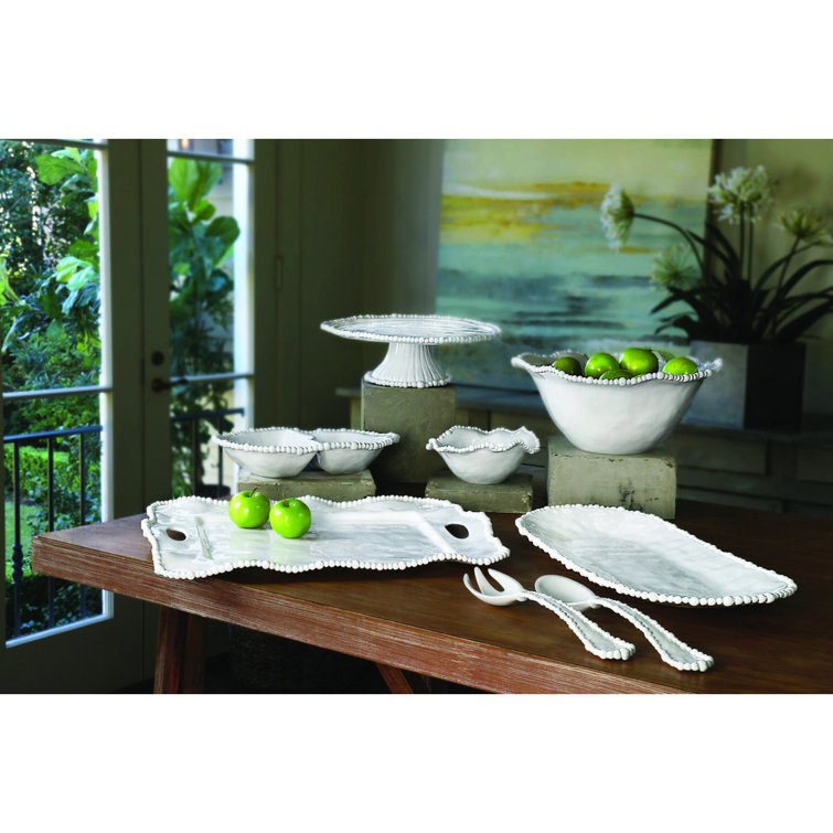 White Oval Ceramic Pedestal Cake Stand with Pearl Details
