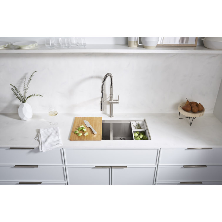 Stainless Steel Double Bowl Drop-in Workstation Kitchen Sink with Bamboo Cutting Board