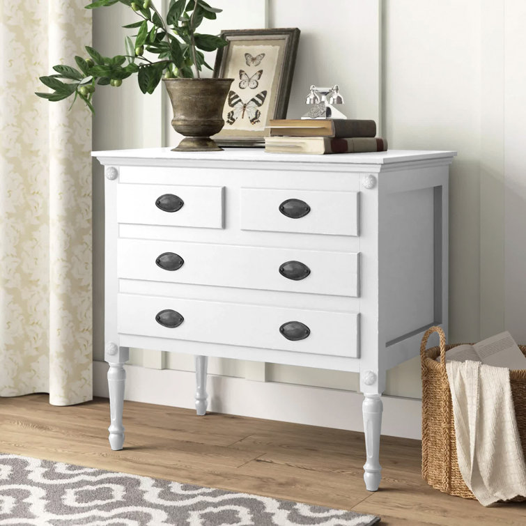 Off-White Solid and Manufactured Wood 4-Drawer Chest with Antique Bronze Hardware