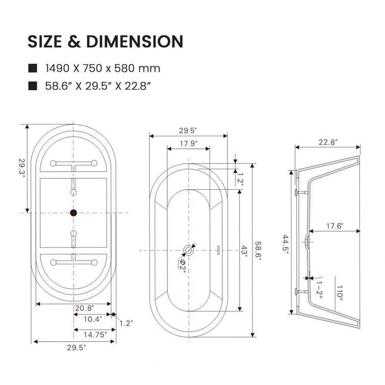 Iris 59" White Freestanding Acrylic Soaking Bathtub