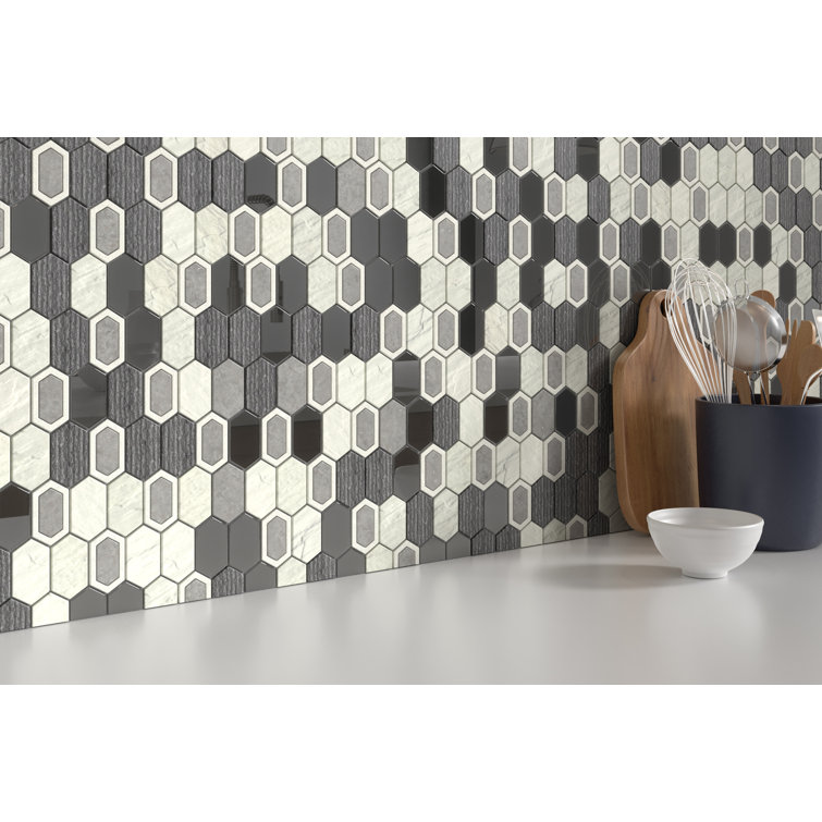 Stowe Hexagon Black and White Stone Mosaic Tile