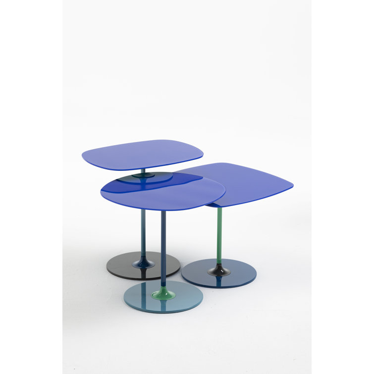 Blue Round Metal and Glass Side Table