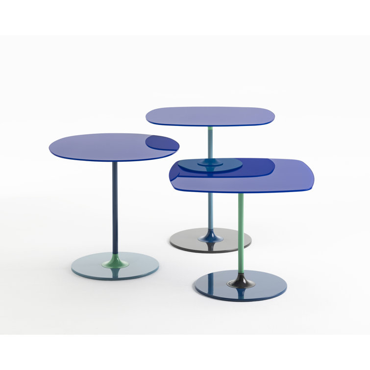 Blue Round Metal and Glass Side Table