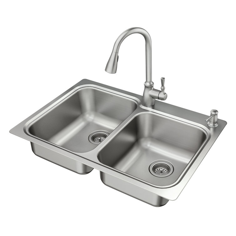 Lainie Dual-Mount 22 x 33-Inch Satin Stainless Steel Double Bowl Sink Kit