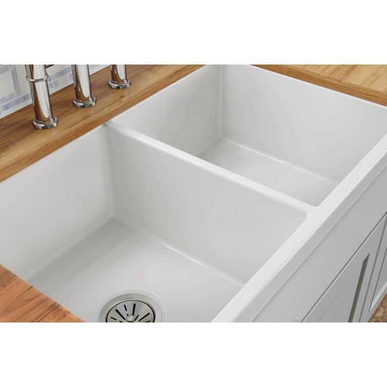 Elkay 33" White Fireclay Double Bowl Farmhouse Sink