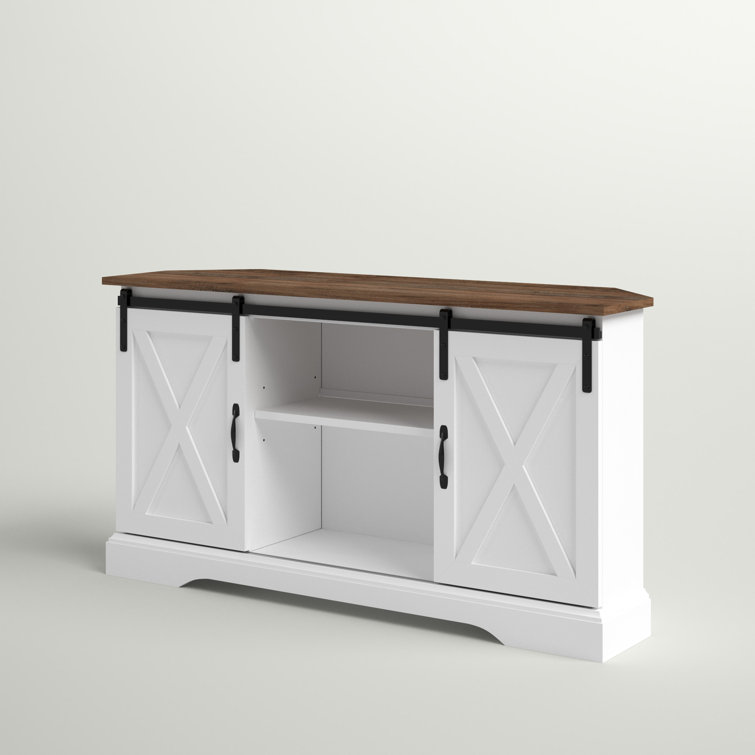 White and Brown MDF Corner TV Stand with Sliding Barn Doors