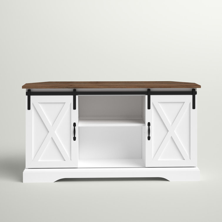 White and Brown MDF Corner TV Stand with Sliding Barn Doors