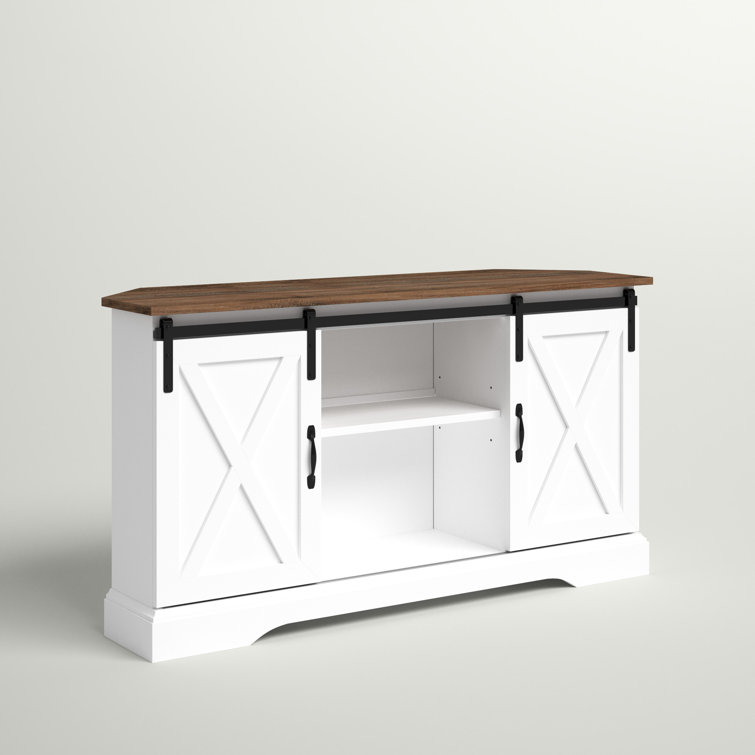 White and Brown MDF Corner TV Stand with Sliding Barn Doors