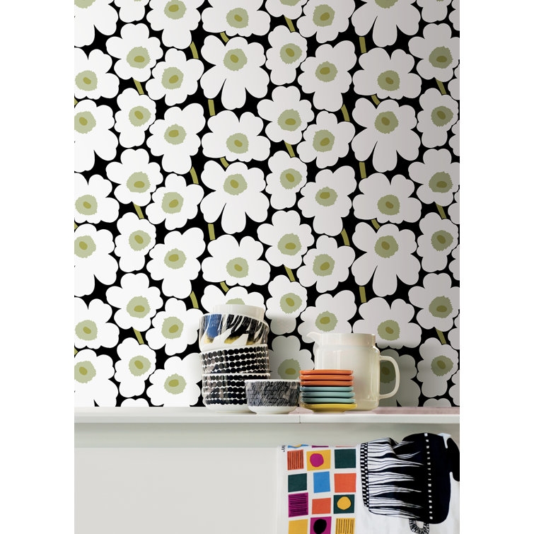 Black and White Vinyl Floral Peel and Stick Wallpaper Roll