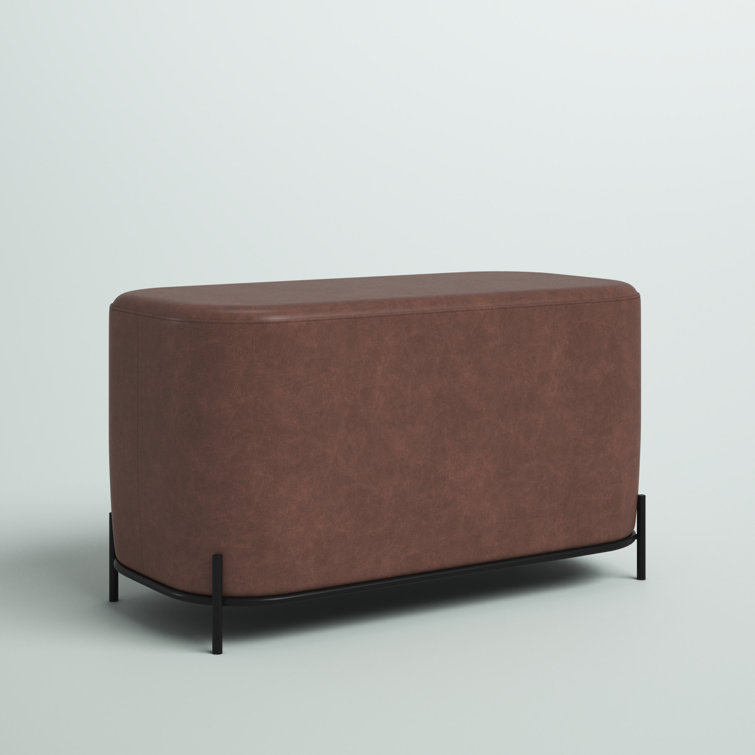 Distressed Brown Faux Leather Upholstered Bench with Black Metal Base