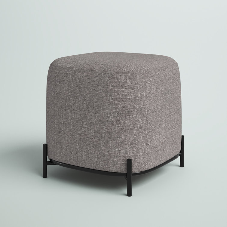 Gray Basketweave Upholstered Ottoman with Black Metal Base