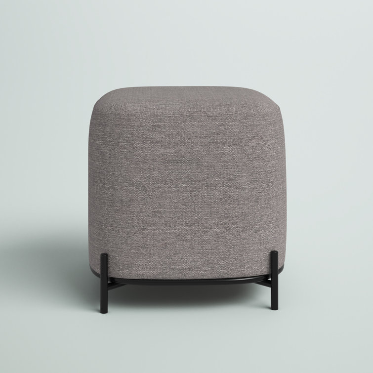 Gray Basketweave Upholstered Ottoman with Black Metal Base