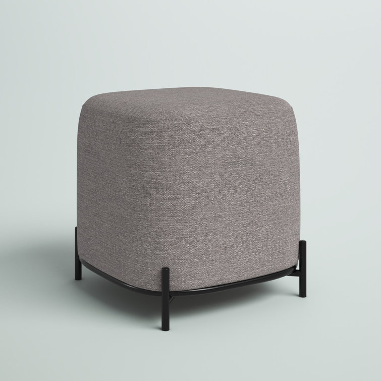 Gray Basketweave Upholstered Ottoman with Black Metal Base