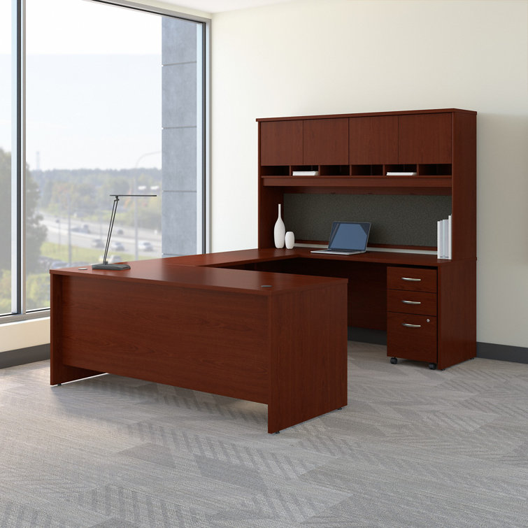 Mahogany U-Shaped Executive Desk with Hutch and Storage