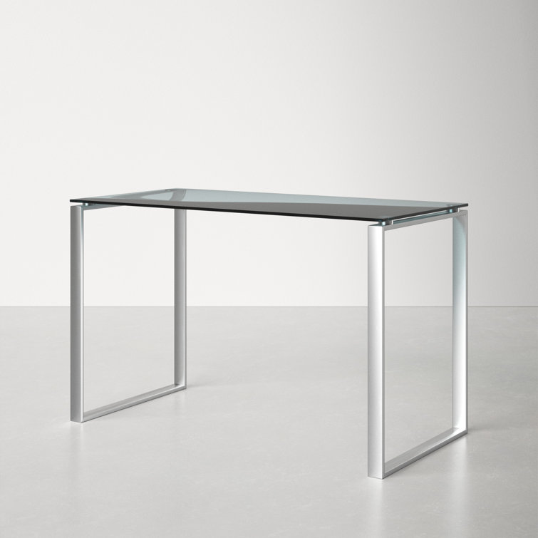 Sleek Silver Polished Steel & Tempered Glass Modern Desk
