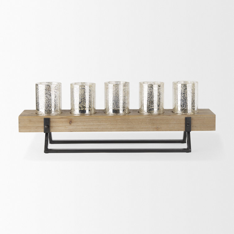 Rustic Wood and Metal Candle Holder with Mercury Glass Cups